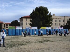 row of luxury portable restrooms at an event