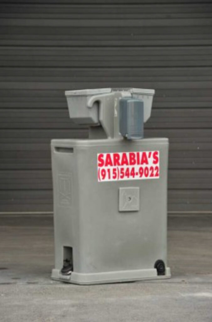 A grey and red Sarabia’s hand hygiene station.