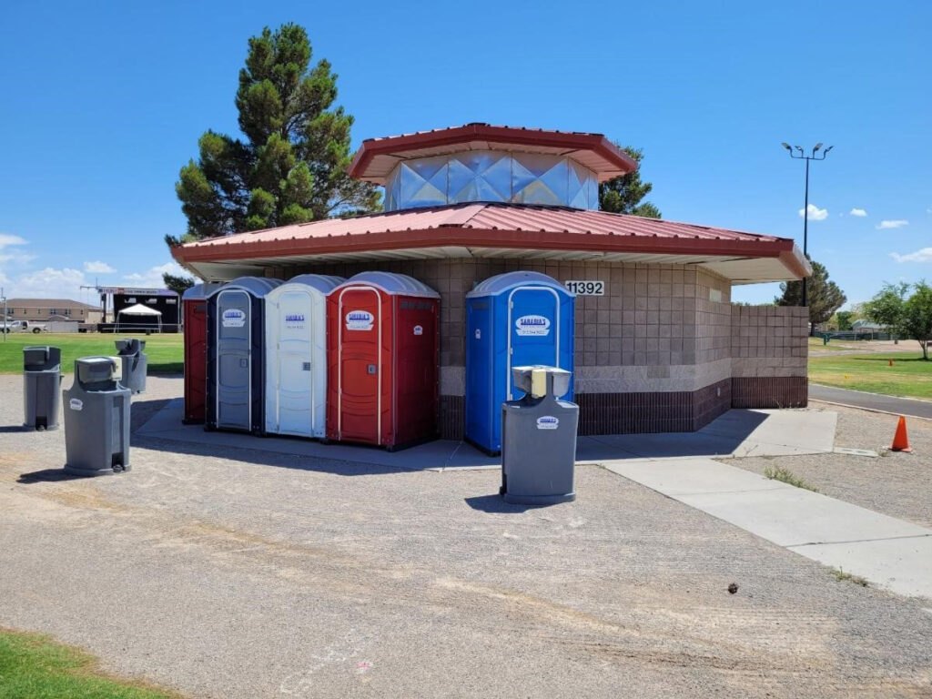 Blue, red, and white Sarabia’s portable toilet rentals in El Paso.