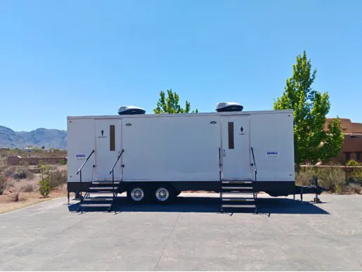 A white Sarabia’s restroom trailer in El Paso.
